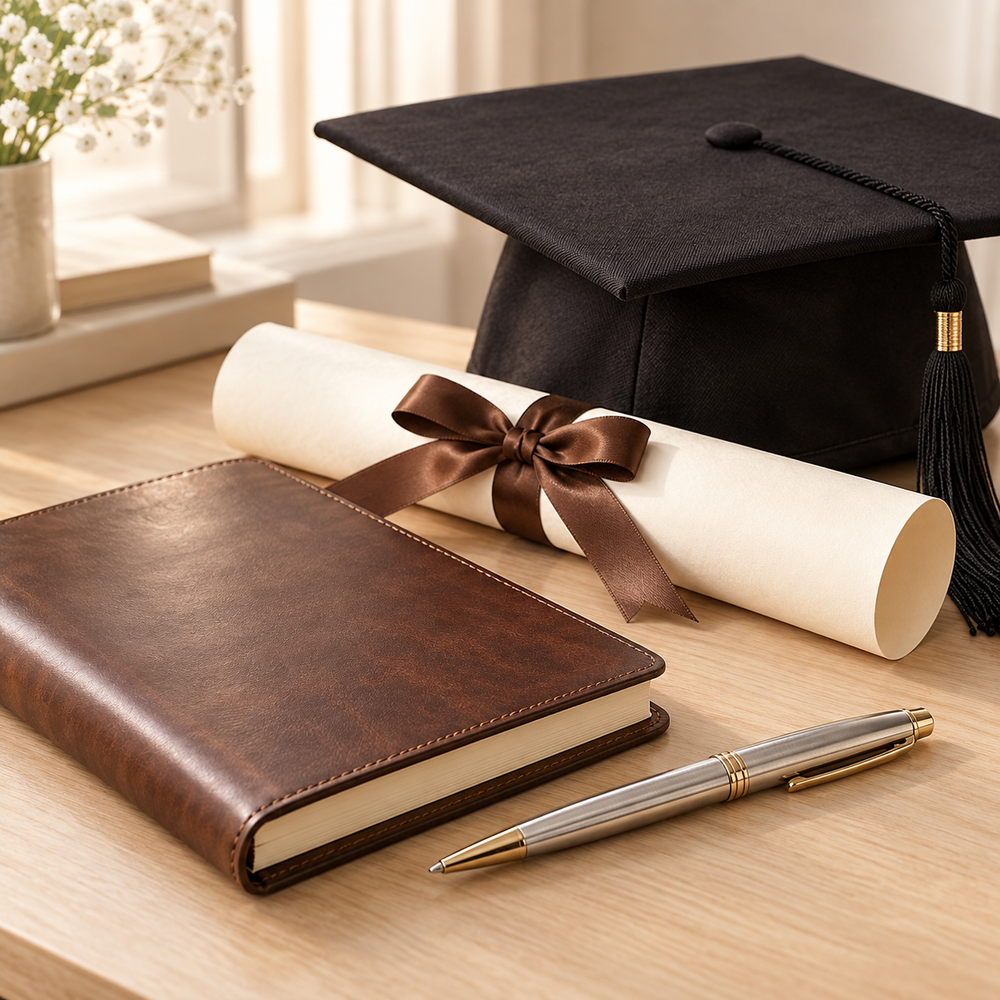 A graduation gift still life: closed walnut brown leather journal, quality silver pen, an ivory diploma scroll tied with cocoa ribbon and a neatly folded black graduation mortarboard with tassel behind