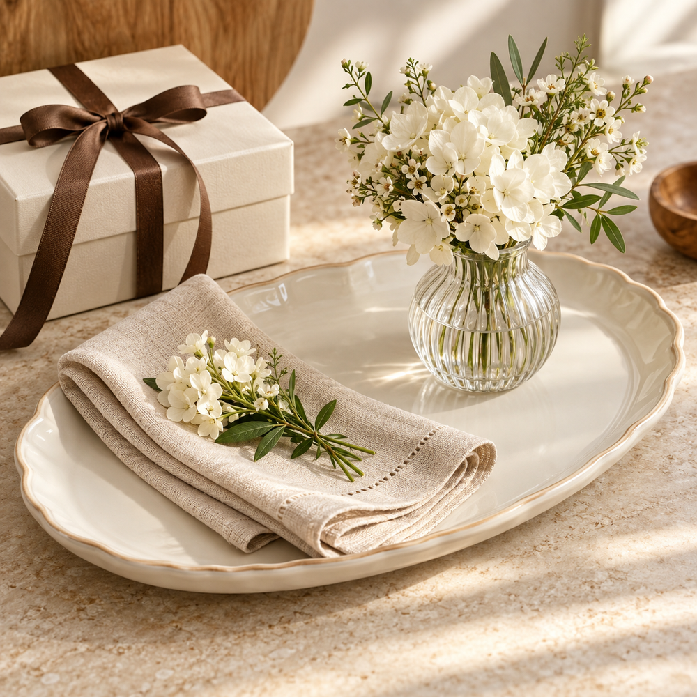 A warm hostess gift arrangement: elegant ivory ceramic oval serving platter with a folded natural linen napkin, a small ribbed glass vase of white flowers, a neat cream gift box tied with thin cocoa ribbon