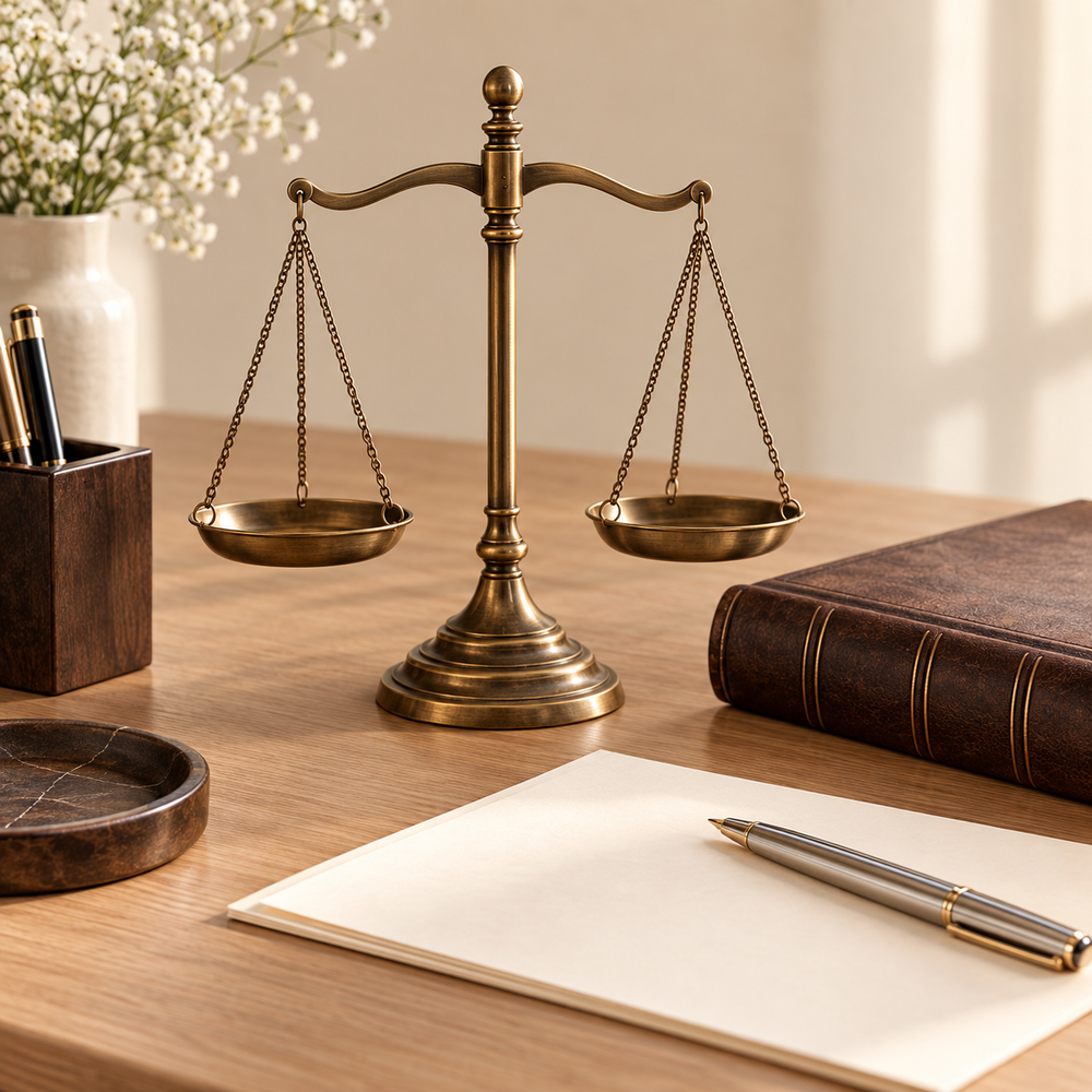 An elegant legal professional's desk still life: small finely crafted bronze balance scales with two balanced pans, a closed dark cocoa leather book, silver pen and blank ivory stationery