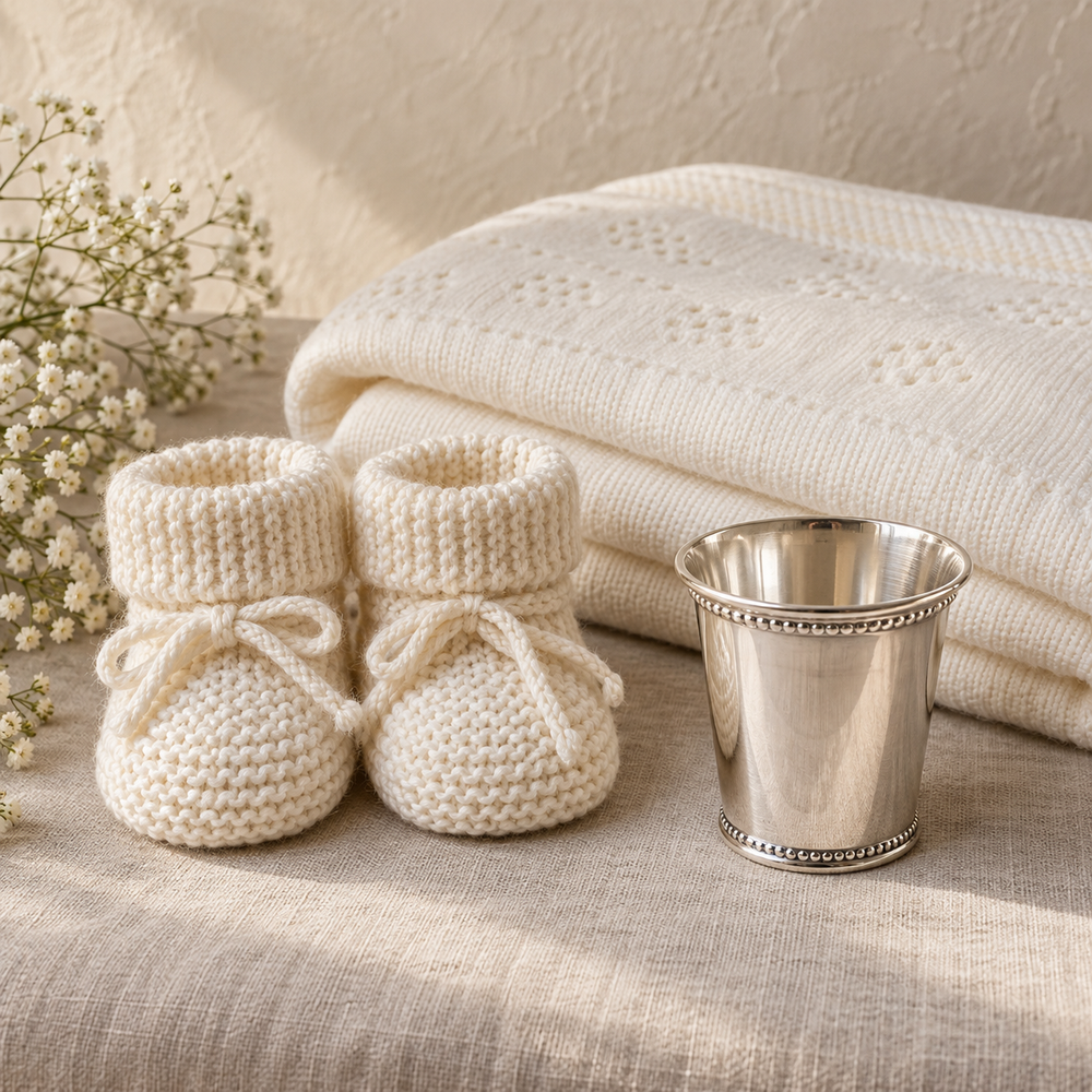 Ivory knitted baby booties and a folded cream baby blanket with a small silver keepsake cup
