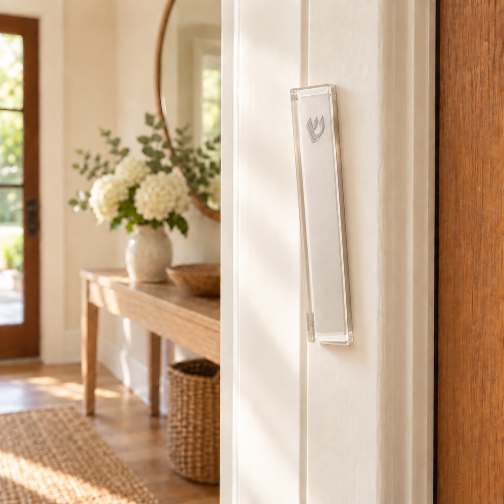 Waterdale Collection Classic Silver Mezuzah Case on a cream doorway, with its top angled inward toward the room.
