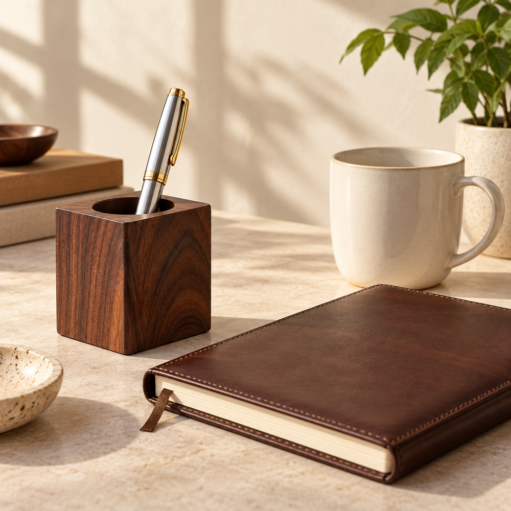 A welcoming new office desktop: sophisticated walnut pen stand with a silver fountain pen, closed cocoa leather notebook, a tidy cream ceramic mug and a pale stone desk