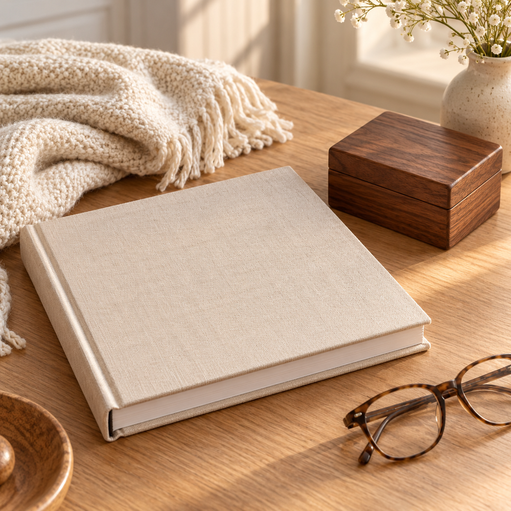 A thoughtful parents and grandparents gift still life: an elegant closed cream linen family album with no text, a small warm brown wooden keepsake box, folded ivory knit throw and reading glasses on light oak