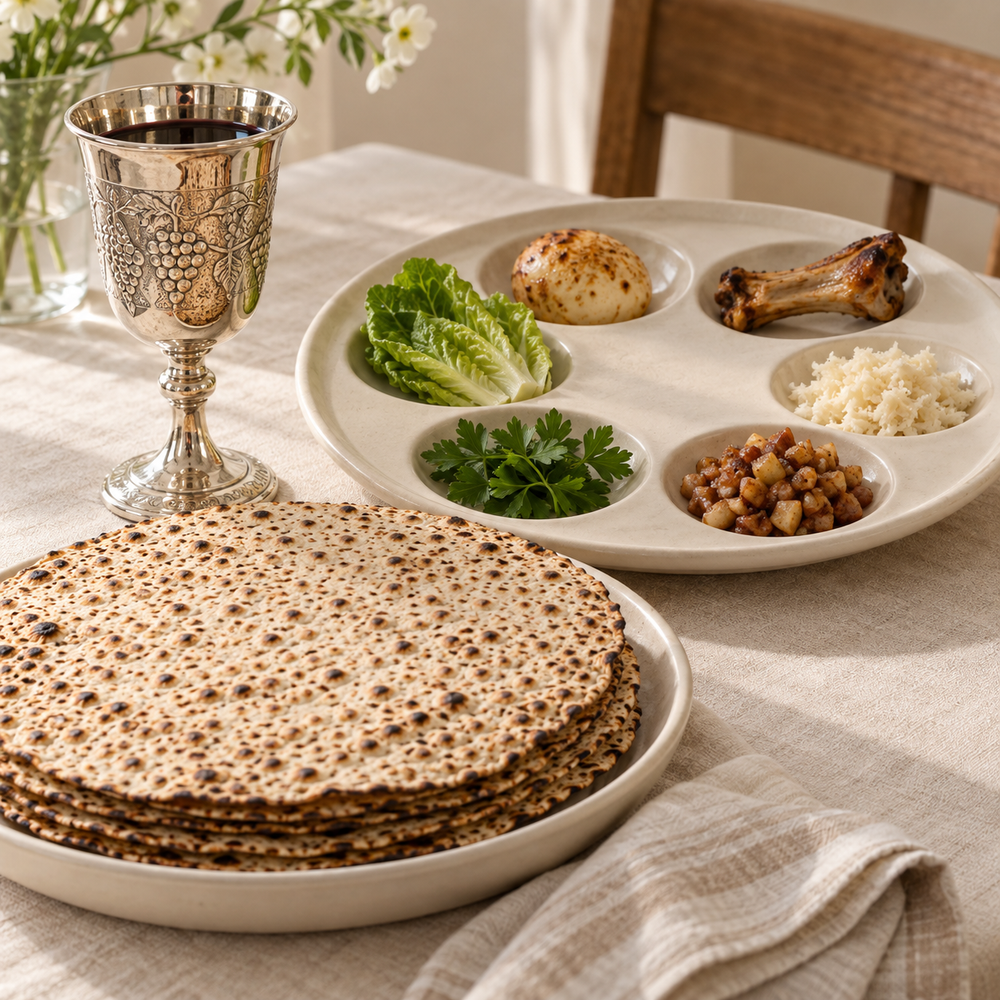 Pesach still life: handmade round shmurah matzos on a low ivory plate in foreground, a polished silver kiddush goblet, and a simple cream ceramic seder plate behind with six distinct round wells containing the six symbolic small portions: roasted bone, roasted egg, horseradish, leafy romaine, parsley, charoset