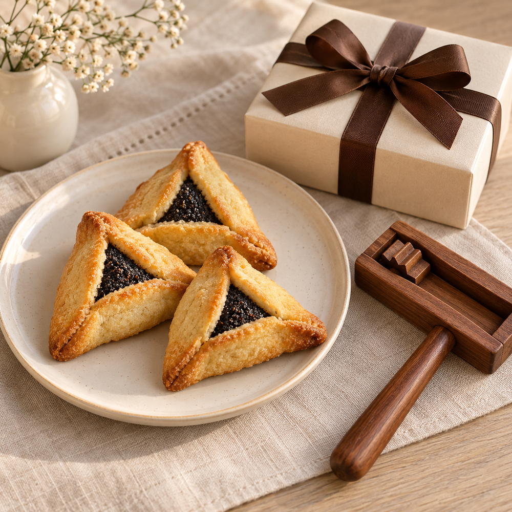 Purim still life: three golden triangular hamantaschen pastries with visible dark poppy seed centers arranged on an ivory ceramic plate beside a small brown wooden grogger and a cream mishloach manos gift box tied with cocoa ribbon