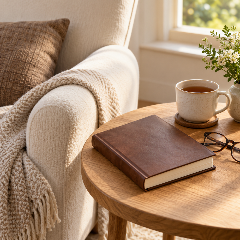 A quiet retirement reading moment without people: comfortable cream upholstered armchair at the edge of frame beside an oak side table, a closed brown leather book with simple blank cover, reading glasses and a cup of tea, soft daylight