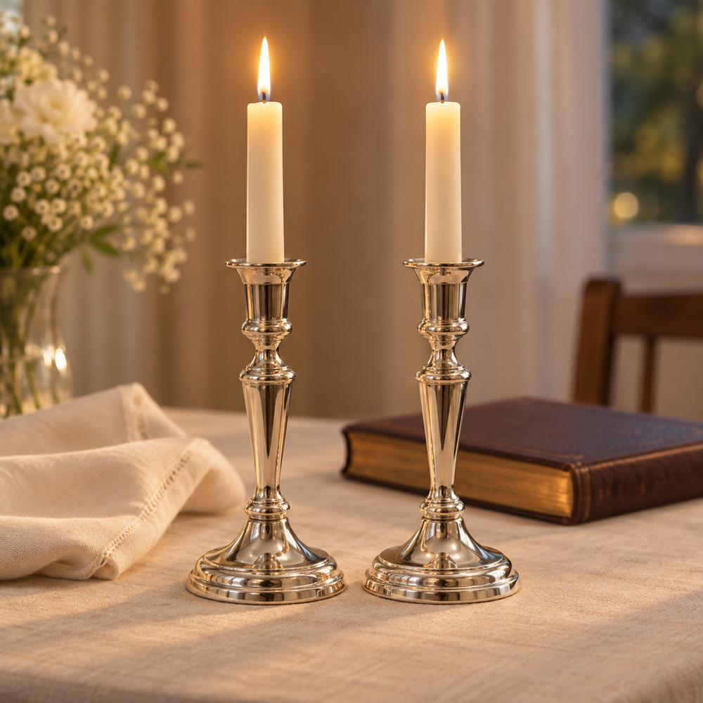 Two polished traditional silver Shabbos candlesticks each holding one lit ivory taper, centered gracefully on warm cream linen table with a folded ivory napkin and a softly blurred closed prayer book behind