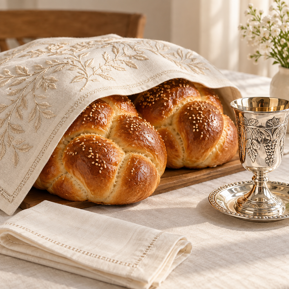 Close-up of an elegant Shabbos table: two braided golden challah loaves partially covered by a beautiful ivory linen challah cover with delicate tone-on-tone botanical embroidery, polished silver kiddush goblet on saucer nearby and folded ivory napkin