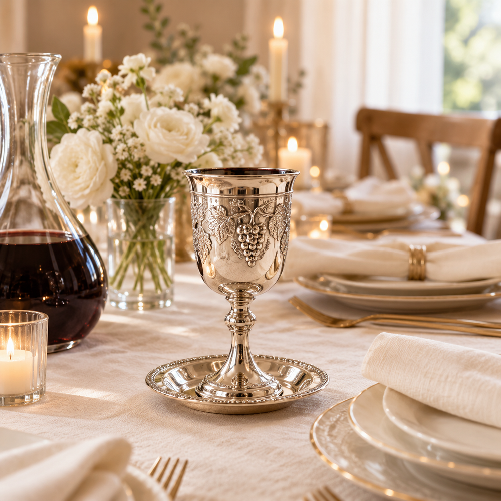 An intimate Sheva brachos celebration table: a polished silver kiddush wine goblet and matching low saucer prominently in foreground, delicate cream ceramic place settings, folded ivory napkins, small vase of white flowers, other place settings gently receding