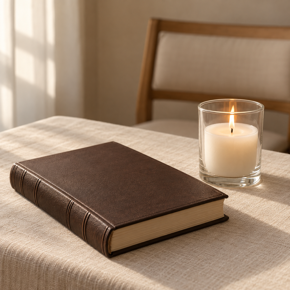 A quiet dignified shiva remembrance still life: a closed plain dark cocoa prayer book on a cream linen table and one short white memorial candle in a clear cylindrical glass holder with a single small flame