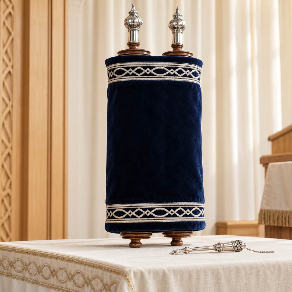 Close editorial photograph for Simchas Torah: a beautiful Torah scroll fully closed and dressed in a simple deep navy velvet mantle with restrained silver geometric border and no Hebrew or symbols, two wooden rollers protruding naturally from the top and silver finials, silver yad pointer resting beside it on a covered synagogue reading table