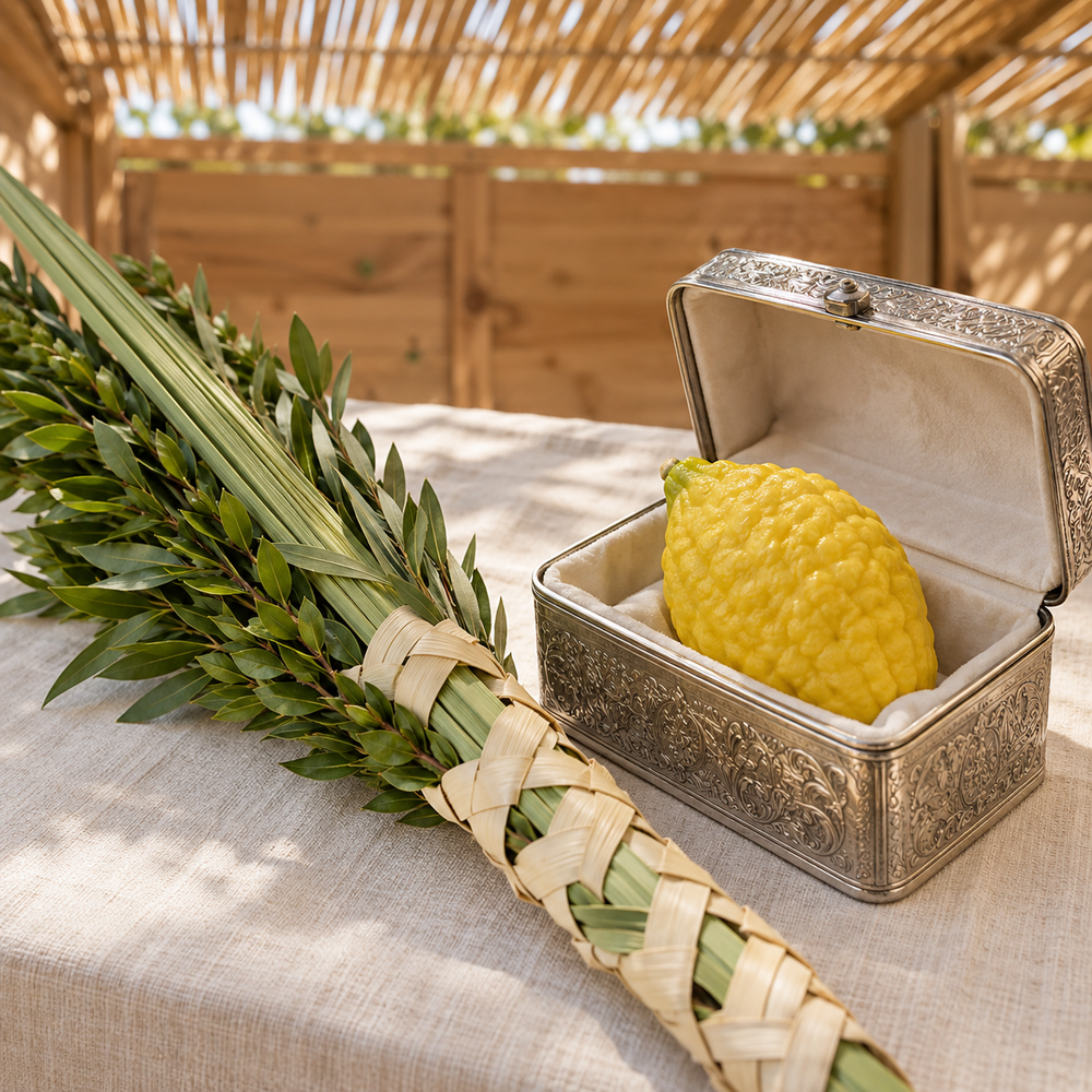 Sukkos still life in a real sukkah: a yellow knobbly citron etrog with intact tip in an open simple silver etrog box, a closed lulav palm frond bundle with myrtle and willow bound together resting diagonally nearby