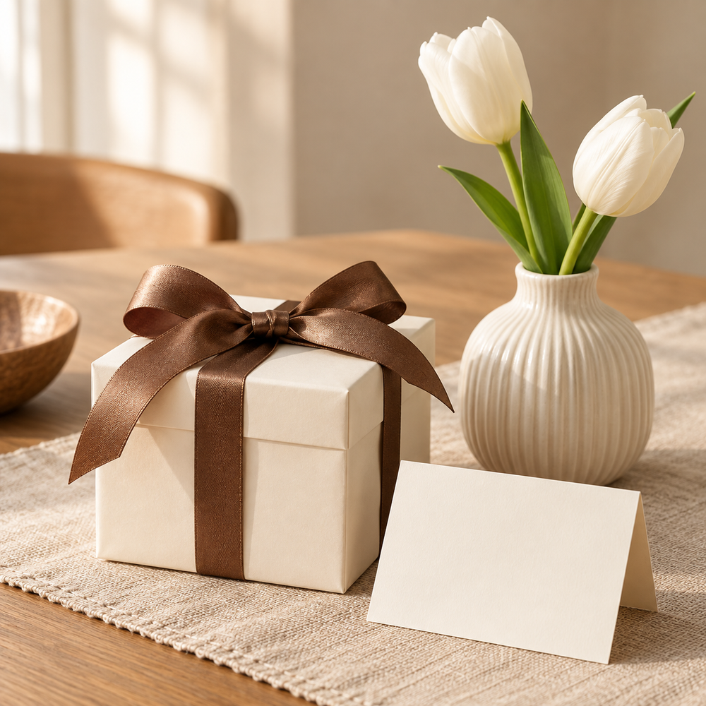 A personal thank-you gift still life: a single small cream gift box tied with cocoa ribbon, a simple ribbed ivory bud vase with two white tulips and a folded blank ivory note card in front