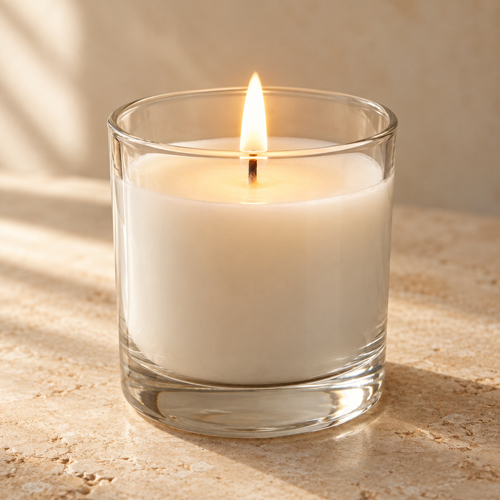 Close-up of a traditional Jewish yahrzeit memorial candle: short wide clear cylindrical glass tumbler filled with white wax, a single centered wick with a small realistic flame, standing on warm pale stone