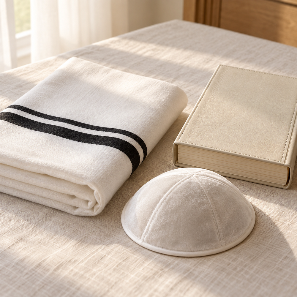 Quiet Yom Kippur still life: a neatly folded white wool tallit showing two restrained black stripes, all fringes and corners tucked underneath out of sight, beside a handsome closed cream leather machzor with plain cover and a white velvet kippah