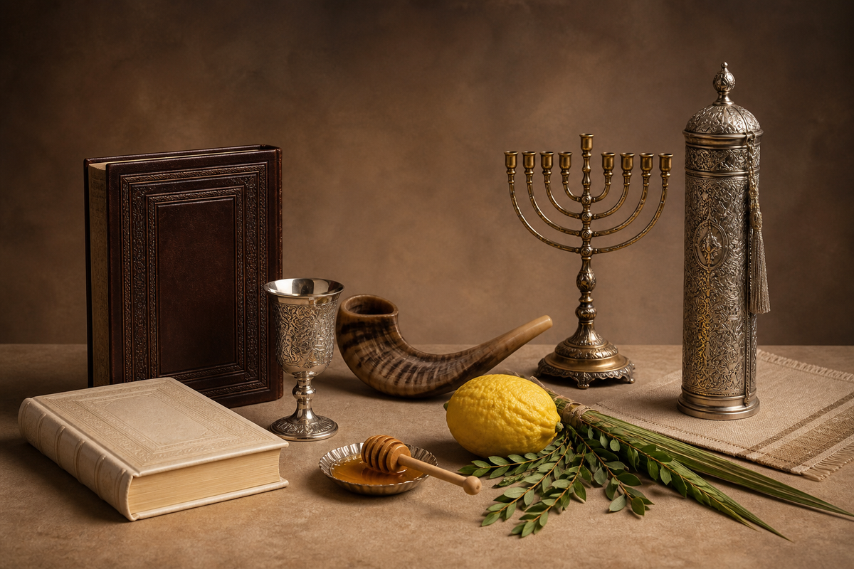 Yom Tov Judaica essentials including machzorim, shofar, kiddush cup, menorah, etrog and Megillah case