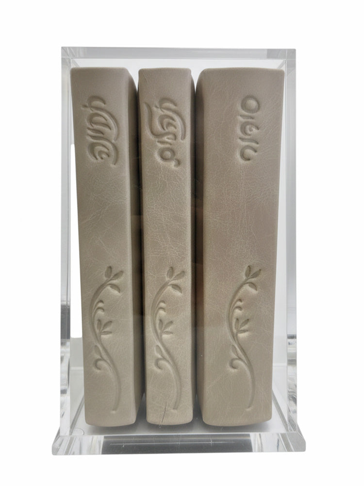 Another angle of the Lehavanah three-volume set, antique leather in Antique Flower Cristallo Taupe
