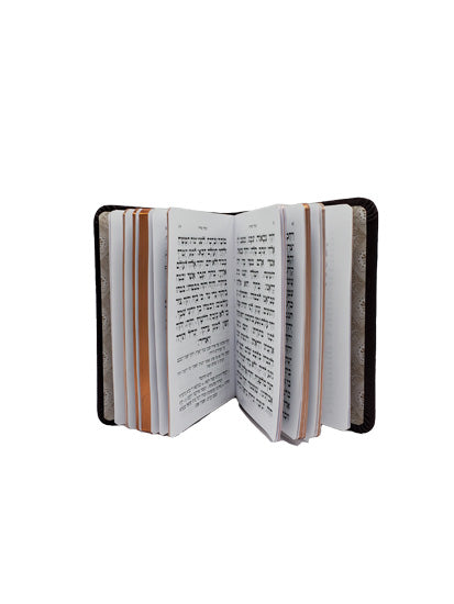 Open pages of the pocket Ashkenaz weekday siddur, flexi cover, showing the Hebrew text layout