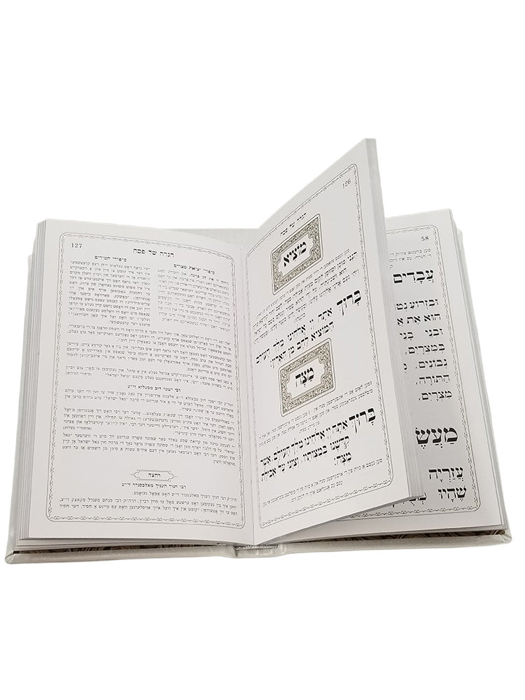 Open pages of the white antique Yiddish Haggadah, showing the Hebrew text layout