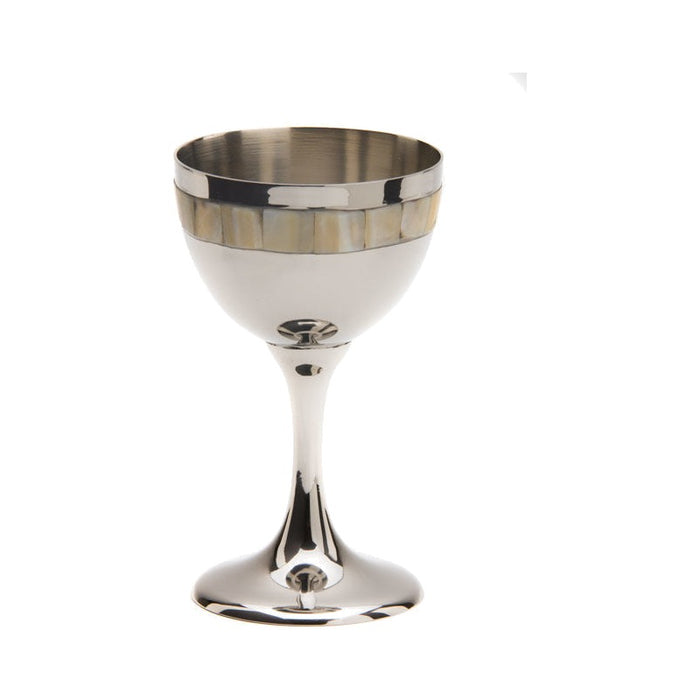 Kiddush Cup, Mother of Pearl Band, Silver Tone Goblet, front view