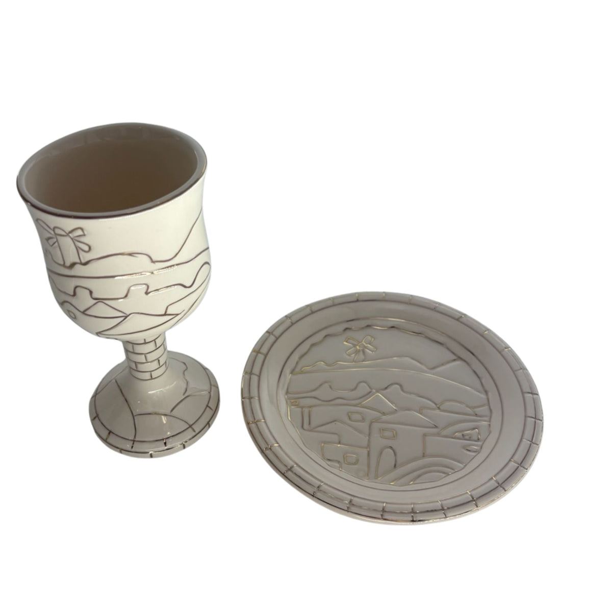 Kiddush Cup on Stem with Tray, Karshi Ceramic, Jerusalem, Gold, cup and tray apart view
