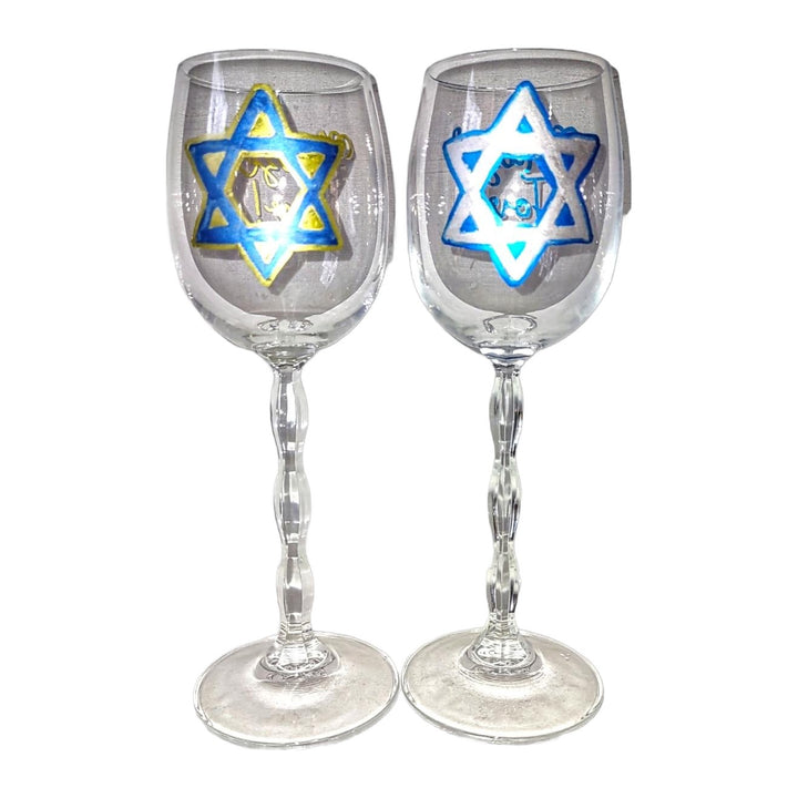 Kiddush Cup Stemware, Etched Blue and Gold, pair view