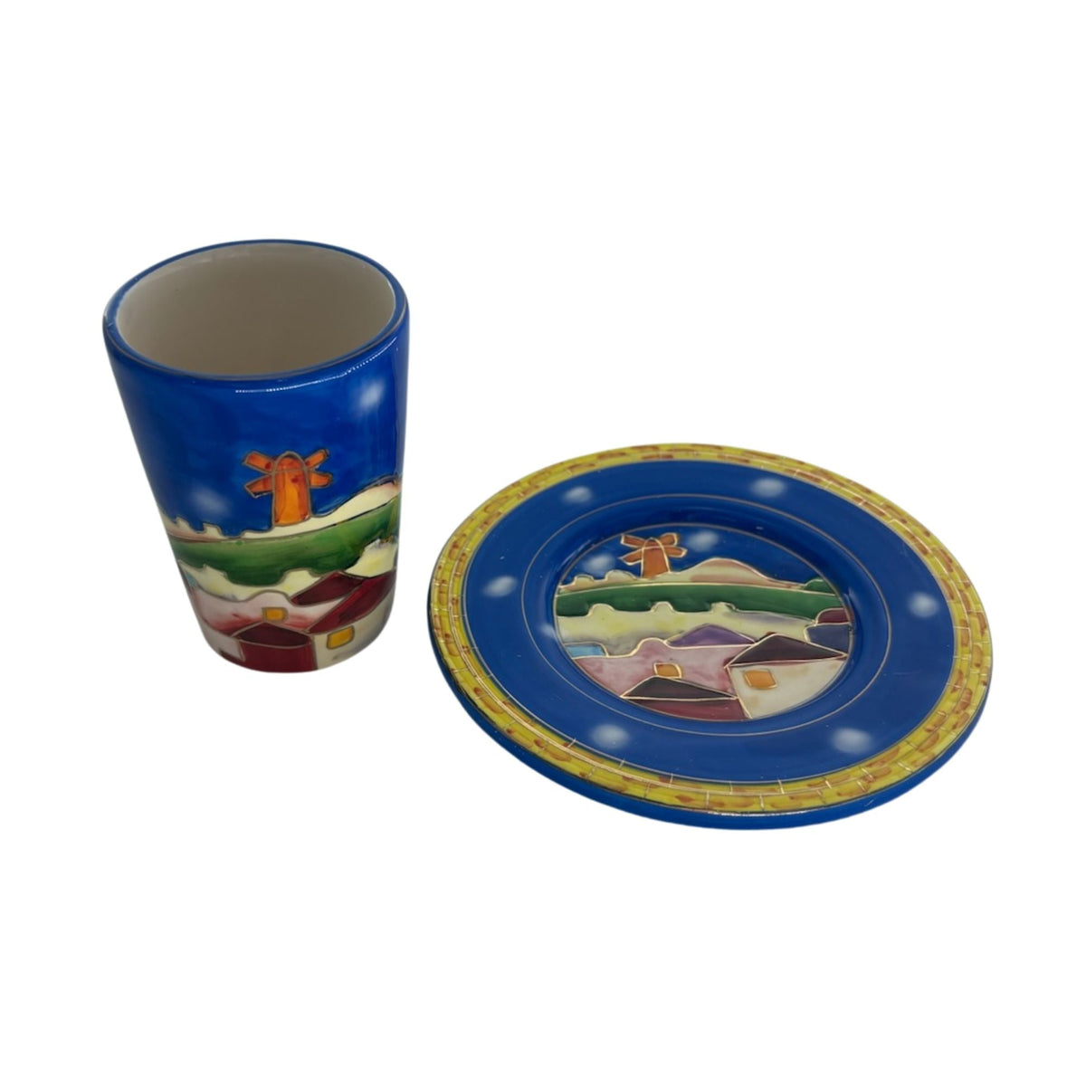 Kiddush Cup with Tray, Karshi Ceramic, Jerusalem Design, cup and tray apart view