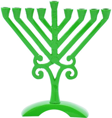 Kids' green Rambam-style menorah with straight diagonal branches, scroll accents and an arched base