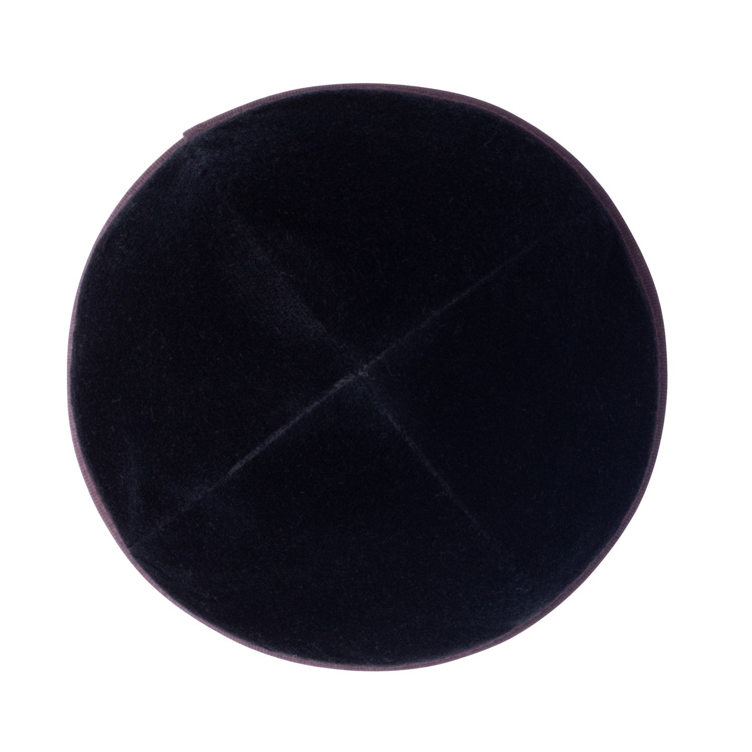 Eggplant Velvet Kippah - showing rim trim, six-panel construction