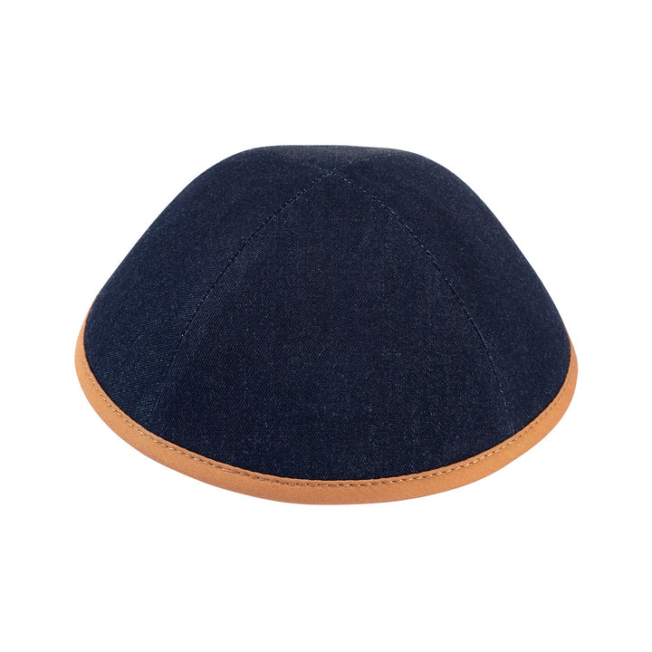 Navy denim kippah with a smooth camel tan rim, side view