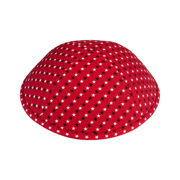 Patriotic Stars Yarmulke — handmade red star-print cotton kippah by iKippah, sold by Judaica Square
