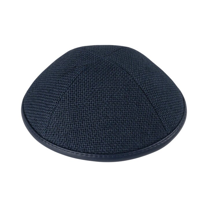 Navy Burlap Kippah – Leather Rim Yarmulke