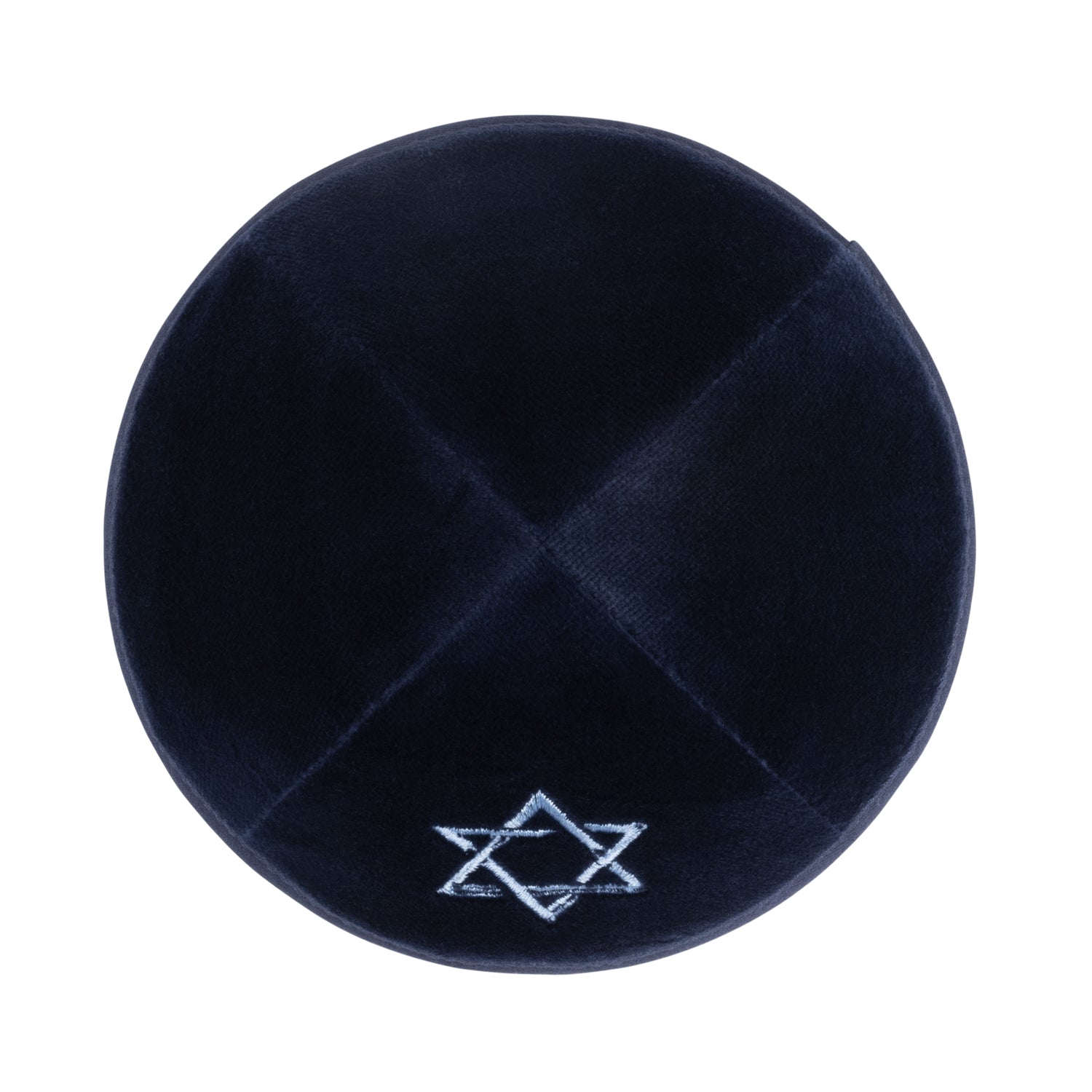Navy Velvet Kippah - showing Israeli flag accent, six-panel construction