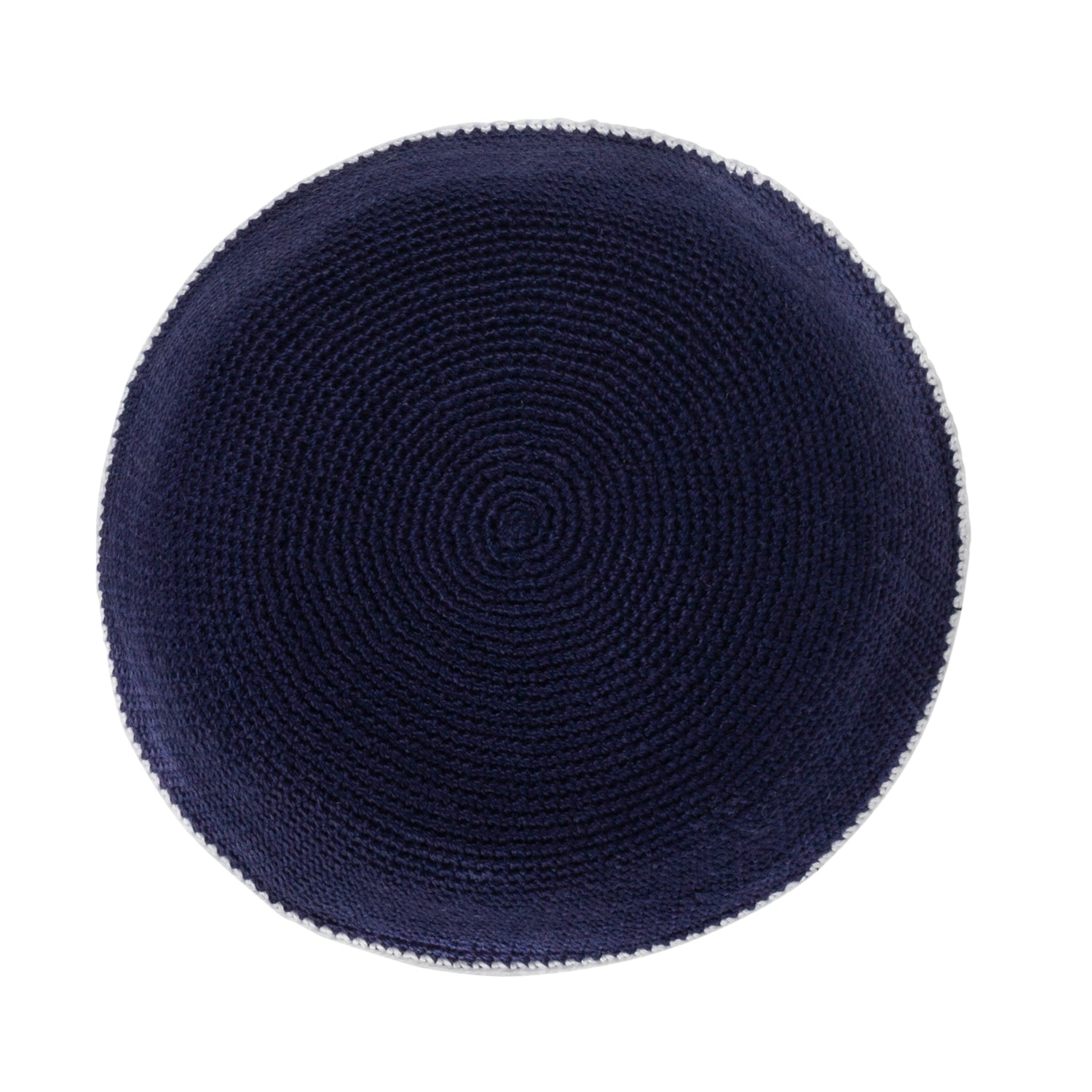 Navy Knit Kippah - showing rim trim, six-panel construction