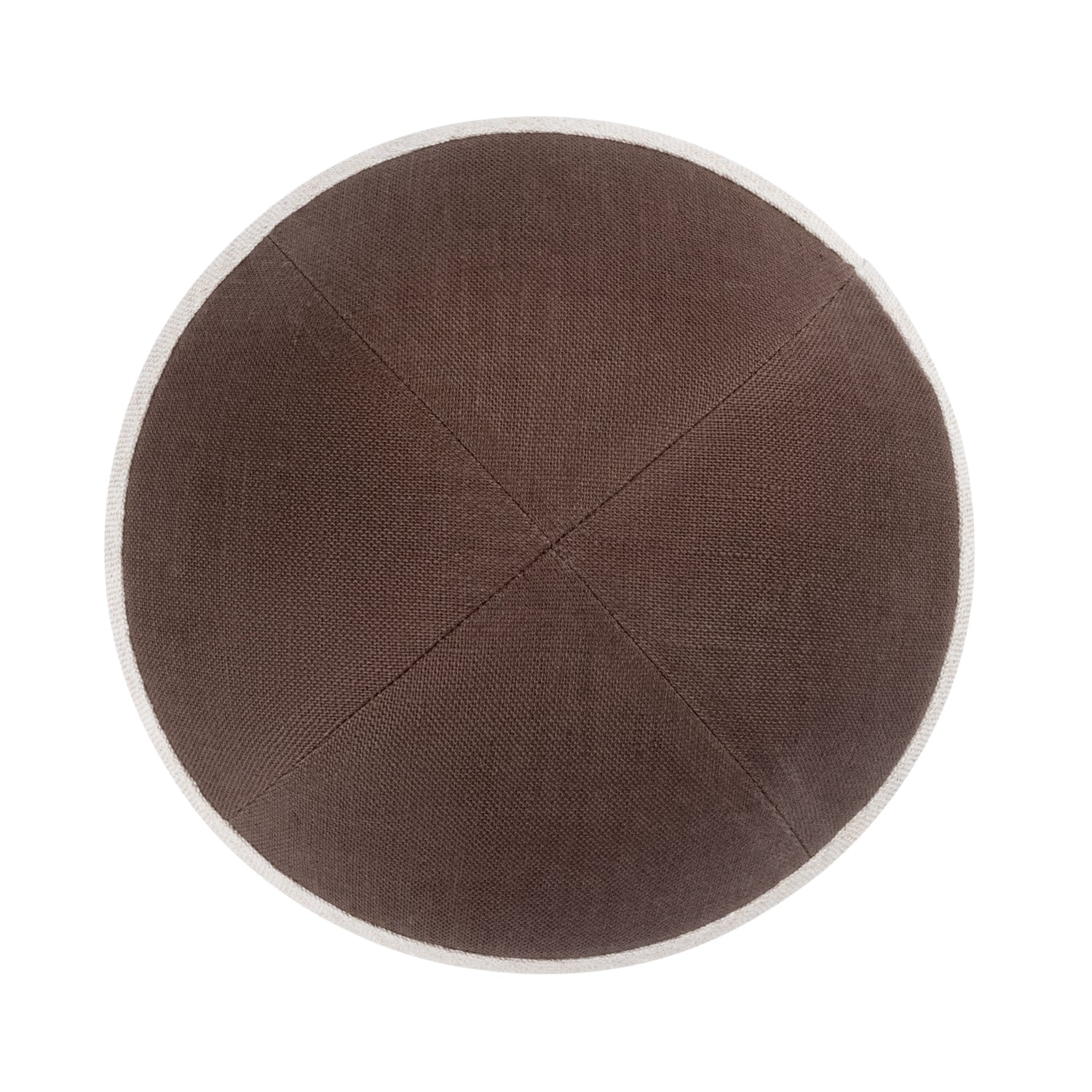 Tan Linen Kippah - showing rim trim, six-panel construction