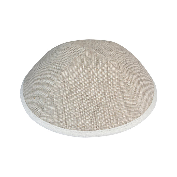 Tan Linen Kippah – Off Whte Rim Yarmulke
