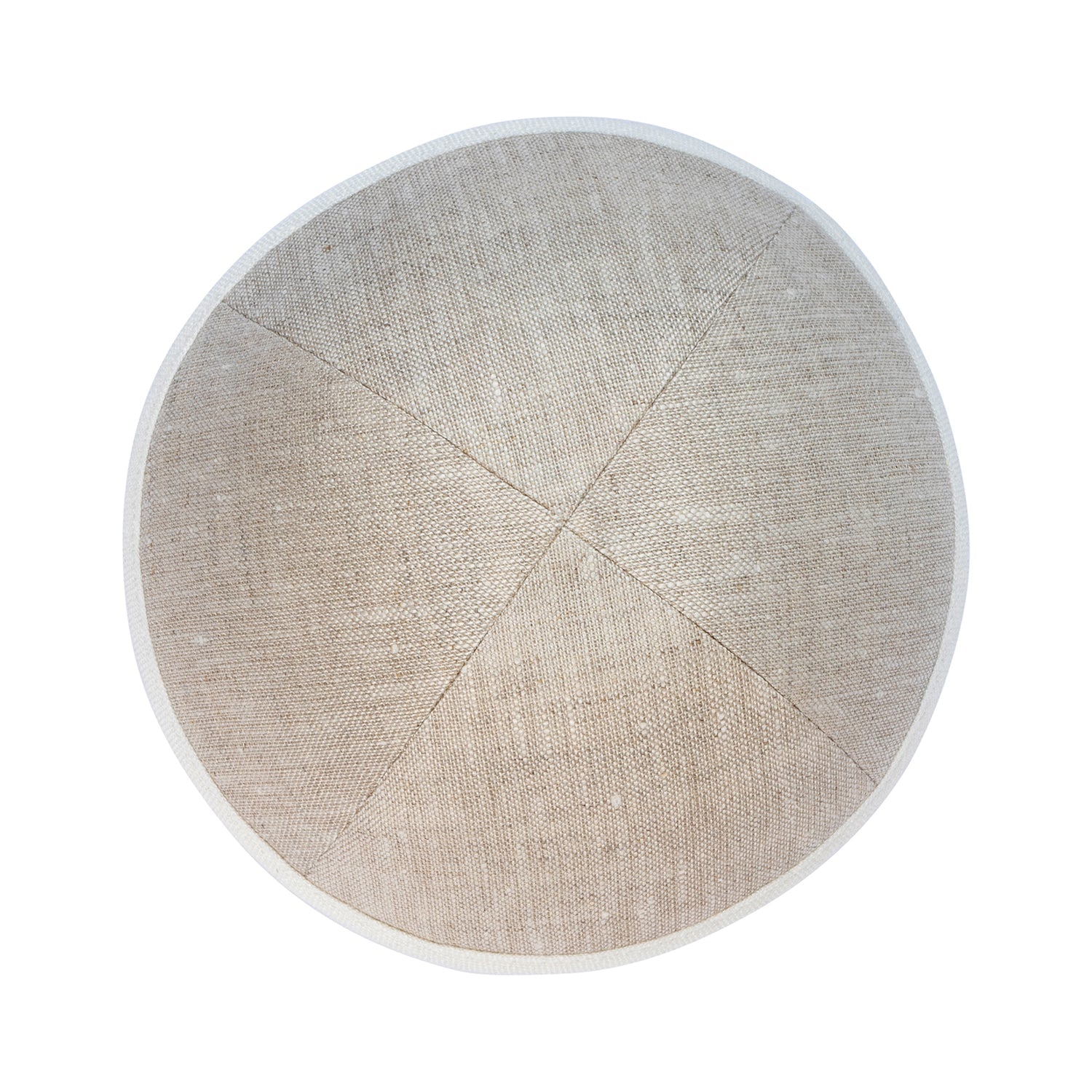 Tan Linen Kippah - showing rim trim, six-panel construction