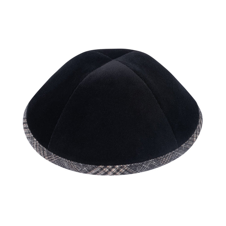 Black Velvet Kippah – Black White Plaid Rim Yarmulke