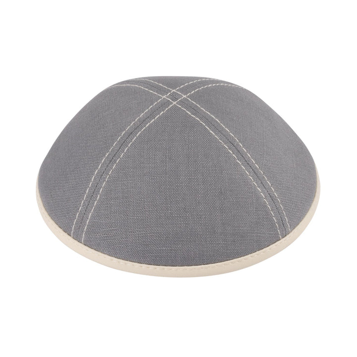 Gray Linen Kippah – Stitching Leather Rim Yarmulke