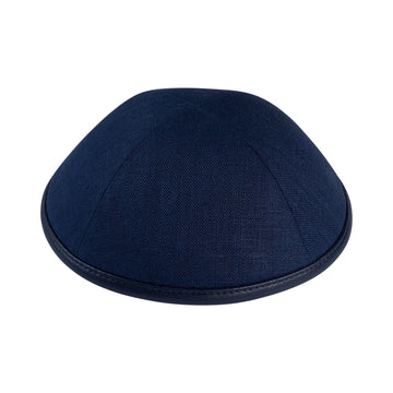 Navy Linen Kippah / Yarmulke with Leather Rim by iKippah