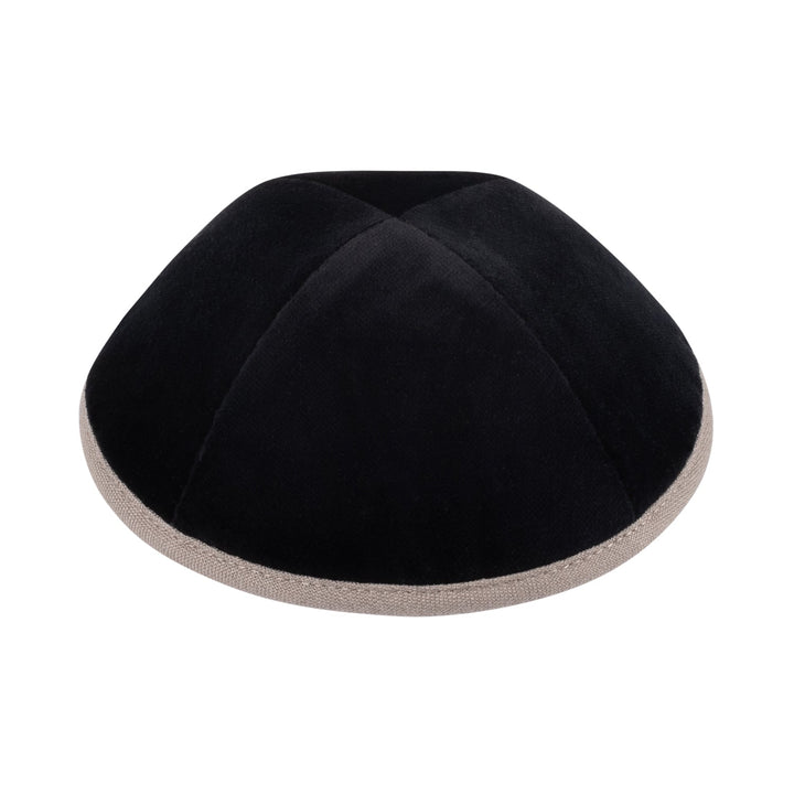 Black Velvet Kippah – Earth Gray Linen Rim Yarmulke