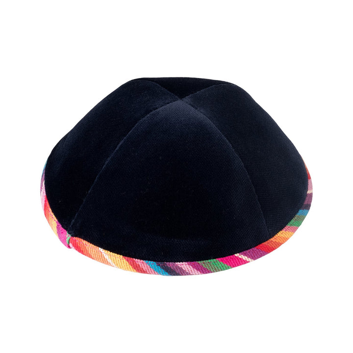 Navy Velvet Kippah – Colorful Rim Yarmulke