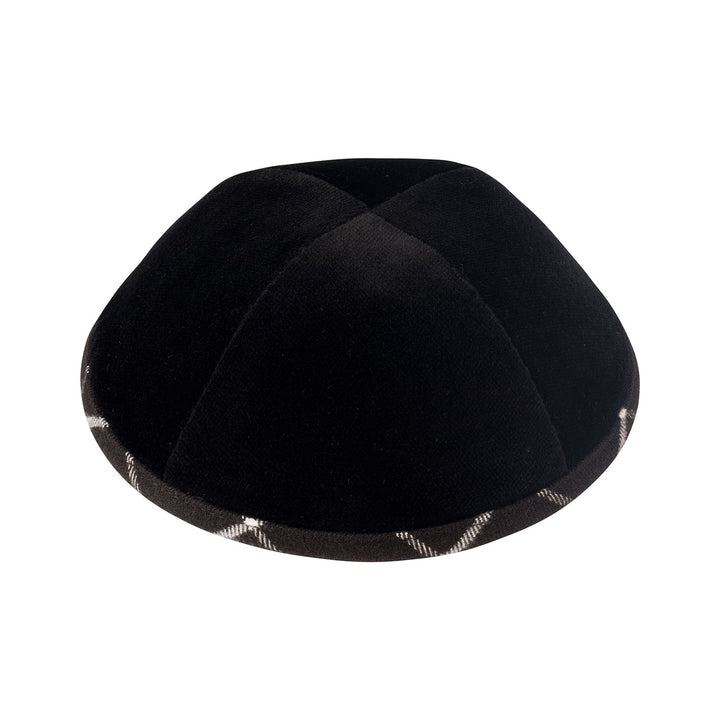 Black Velvet Kippah – Black Plaid Rim Yarmulke