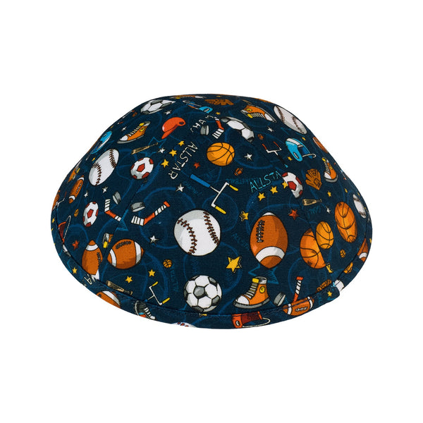 Boys sports kippah — navy cotton yarmulke with allstar football, baseball, basketball and soccer print | Judaica Square Lakewood