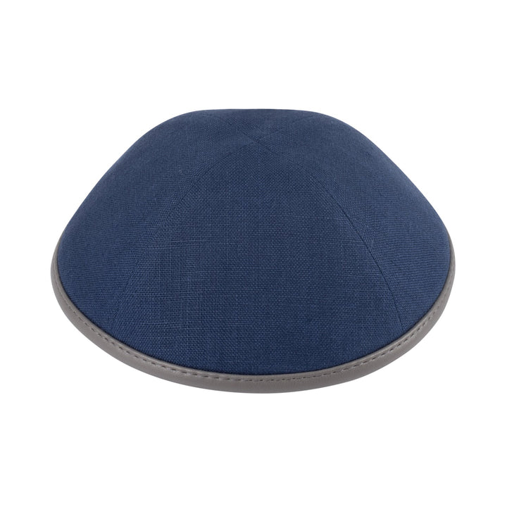 Navy Linen Kippah – Gray Leather Yarmulke