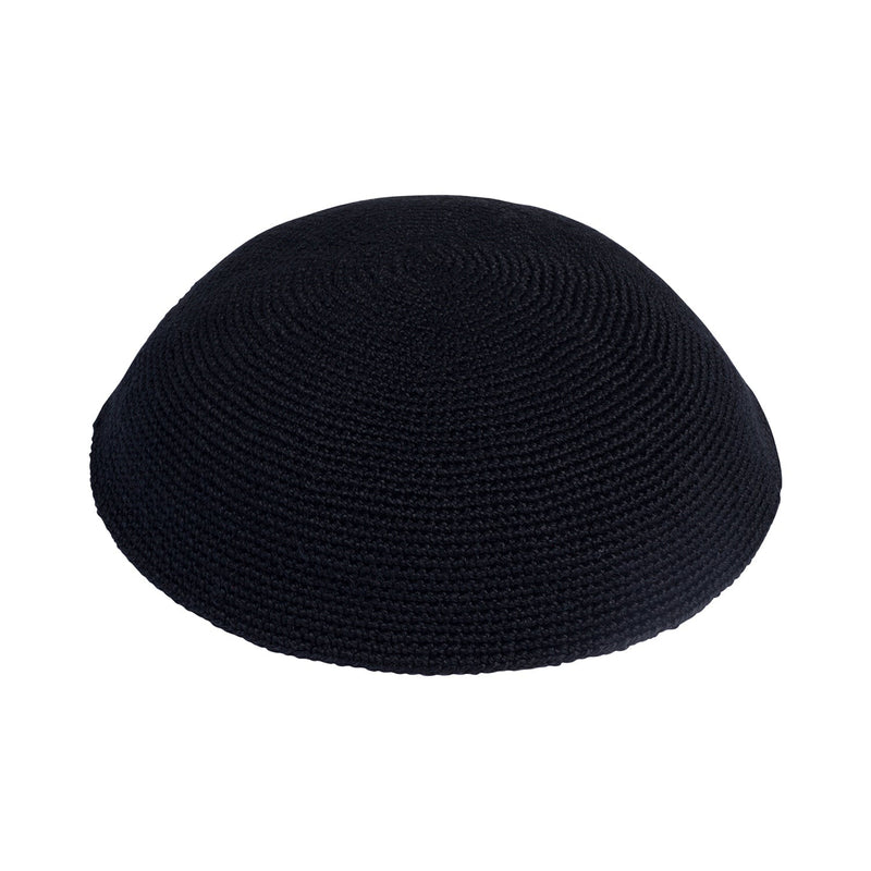 Black crocheted knit kippah showing spiral rows of stitches from crown to edge, side view