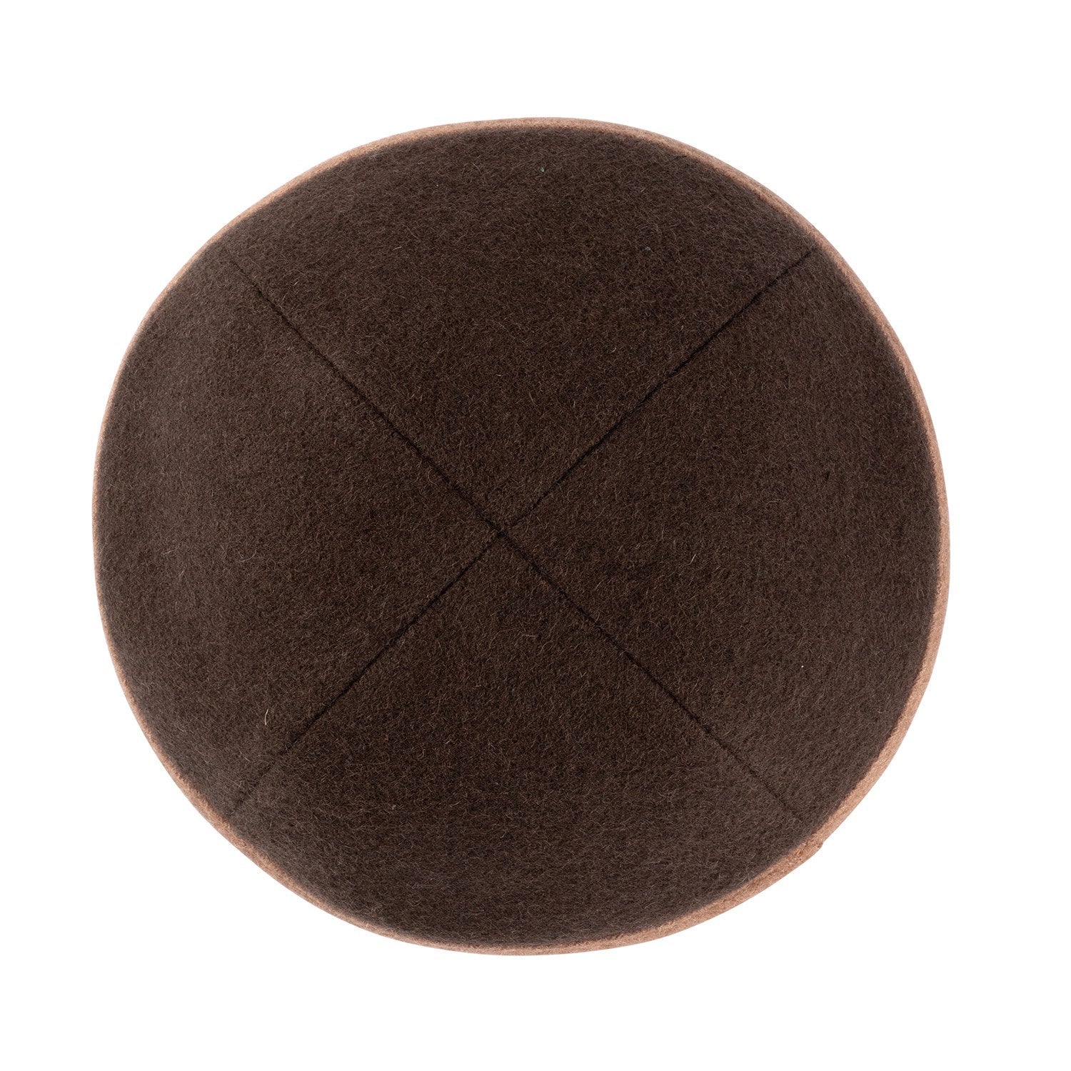 Brown Wool Kippah - showing rim trim, six-panel construction