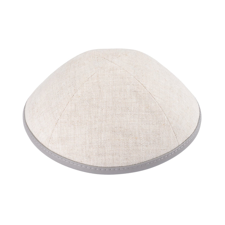 Tan Linen Kippah – Gray Leather Rim Yarmulke
