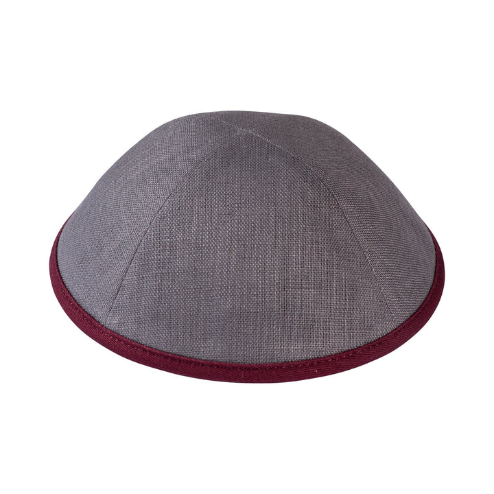 Grey Linen Kippah – Burgandy Rim Yarmulke