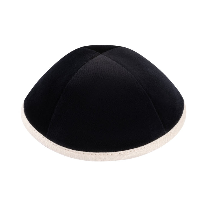 Black Velvet Kippah – Beige Linen Rim Yarmulke